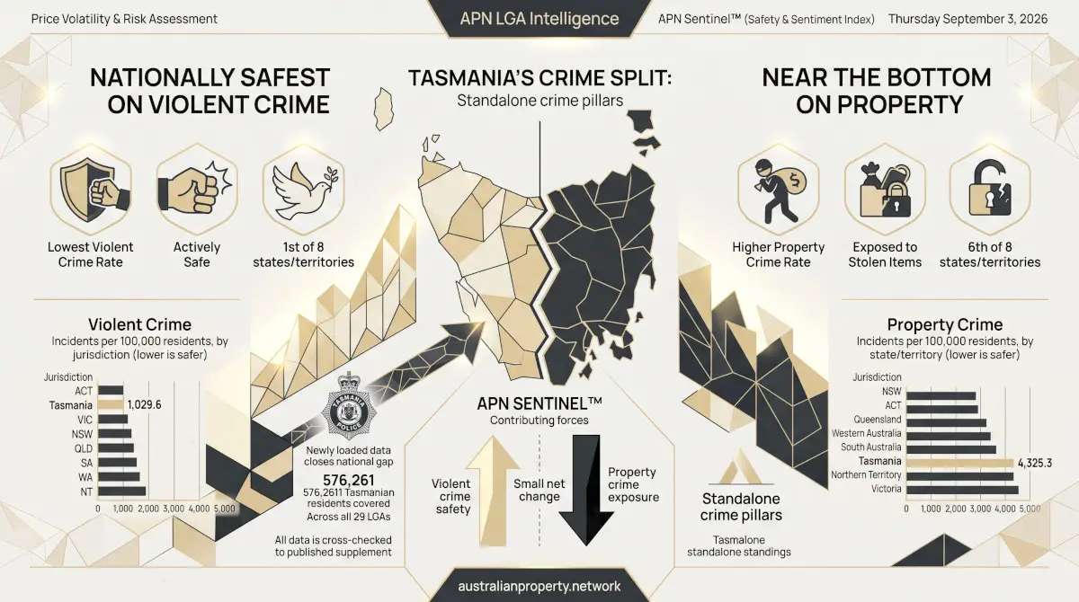 Tasmania’s Crime Split: Nationally Safest on Violent Crime, Near the Bottom on Property